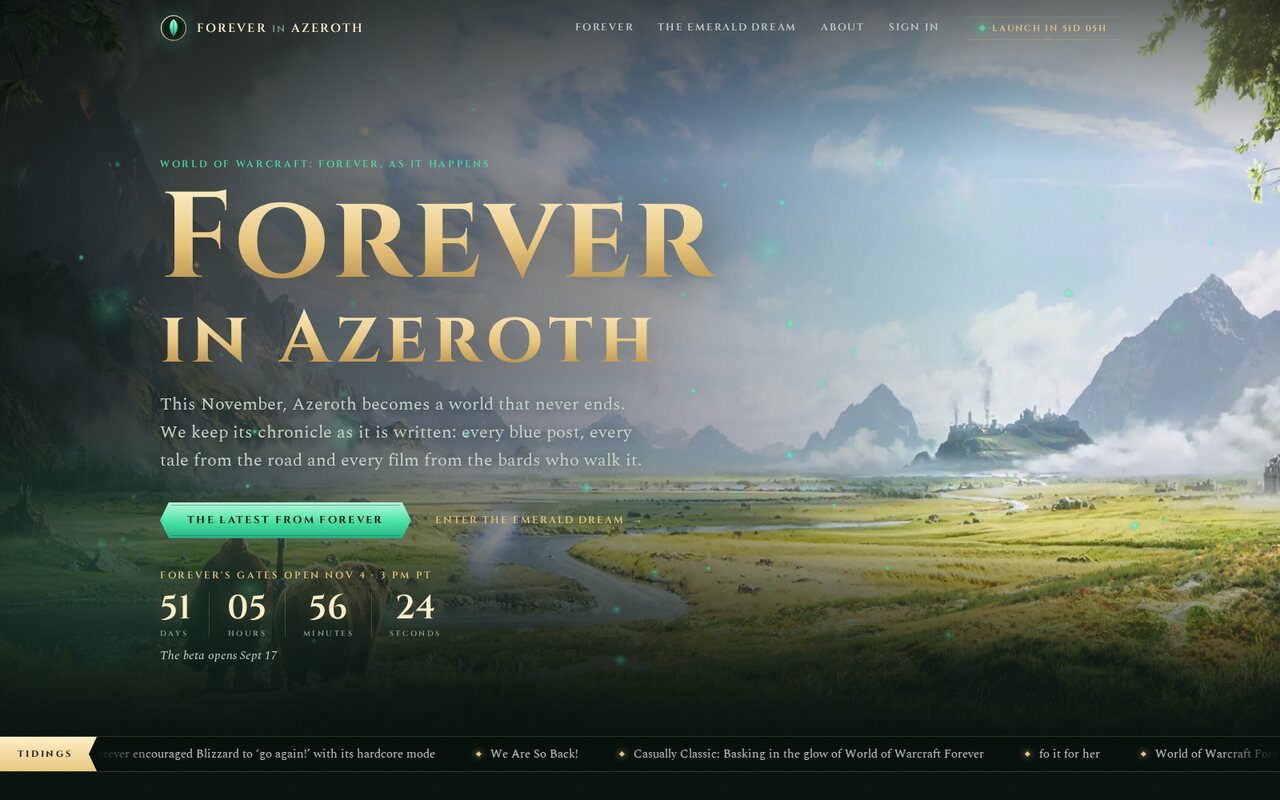 The Forever in Azeroth homepage: a gilded title over a painted Azeroth valley, with the countdown to launch