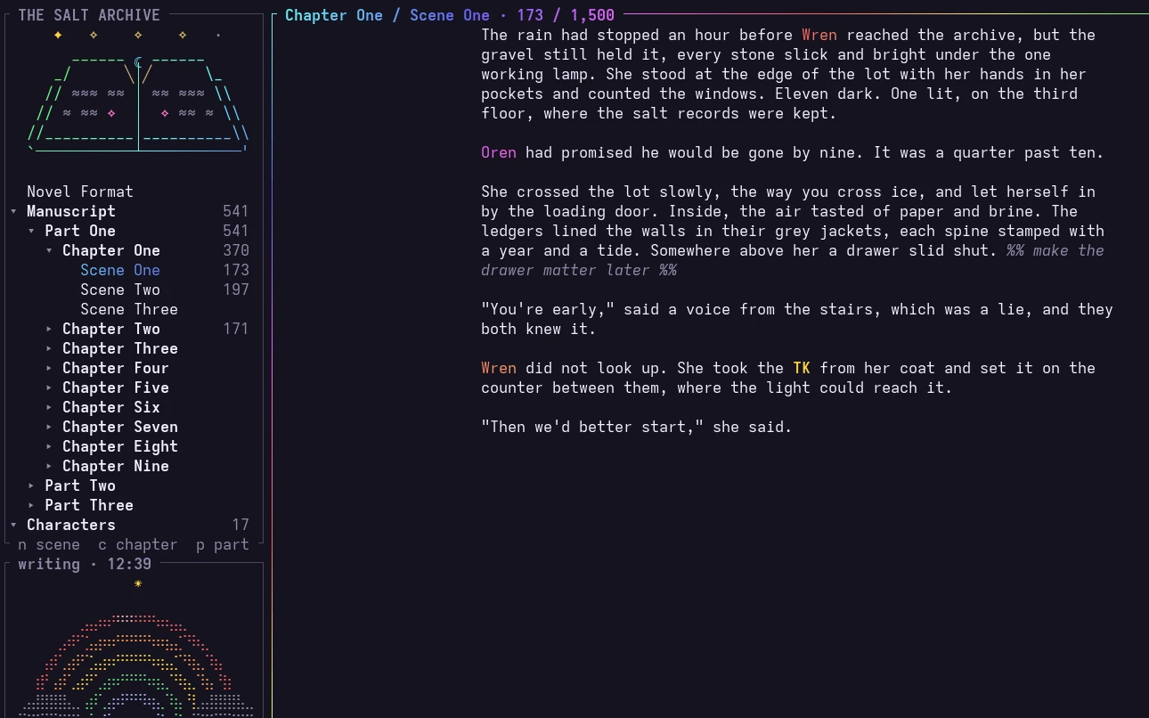 GrimoireTUI in the Rainbow theme: a book outline under a spellbook, a scene of prose, and a rainbow over the Pomodoro
