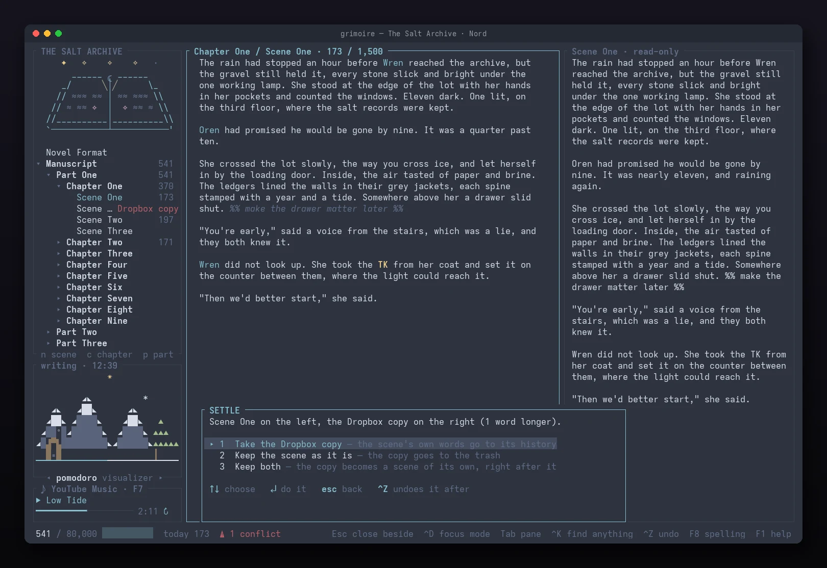 Settling a sync conflict: a Dropbox conflict copy shown beside its scene with take, keep or keep-both choices
