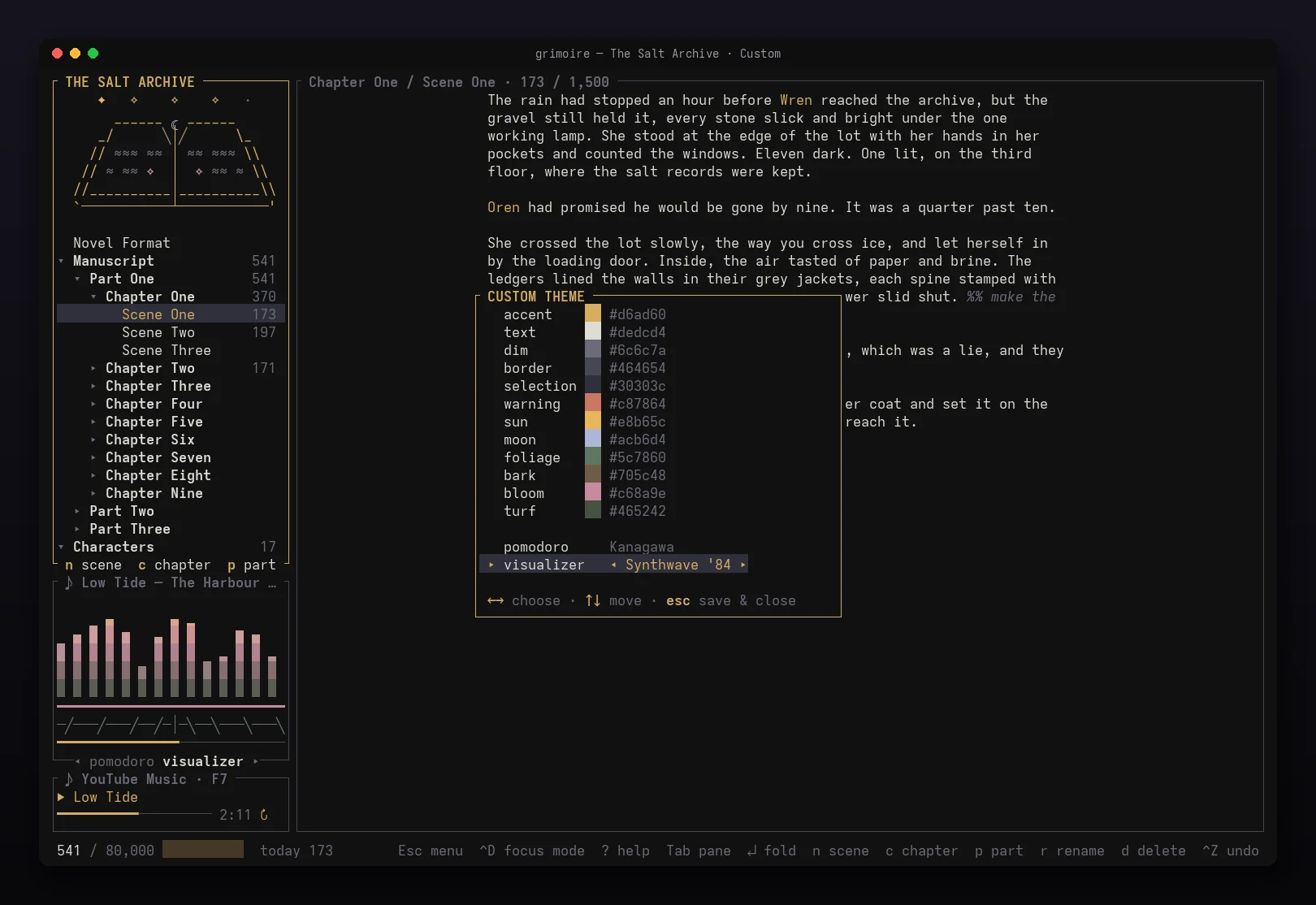 The custom theme editor: twelve colour swatches, then Kanagawa's Pomodoro paired with Synthwave '84's visualizer