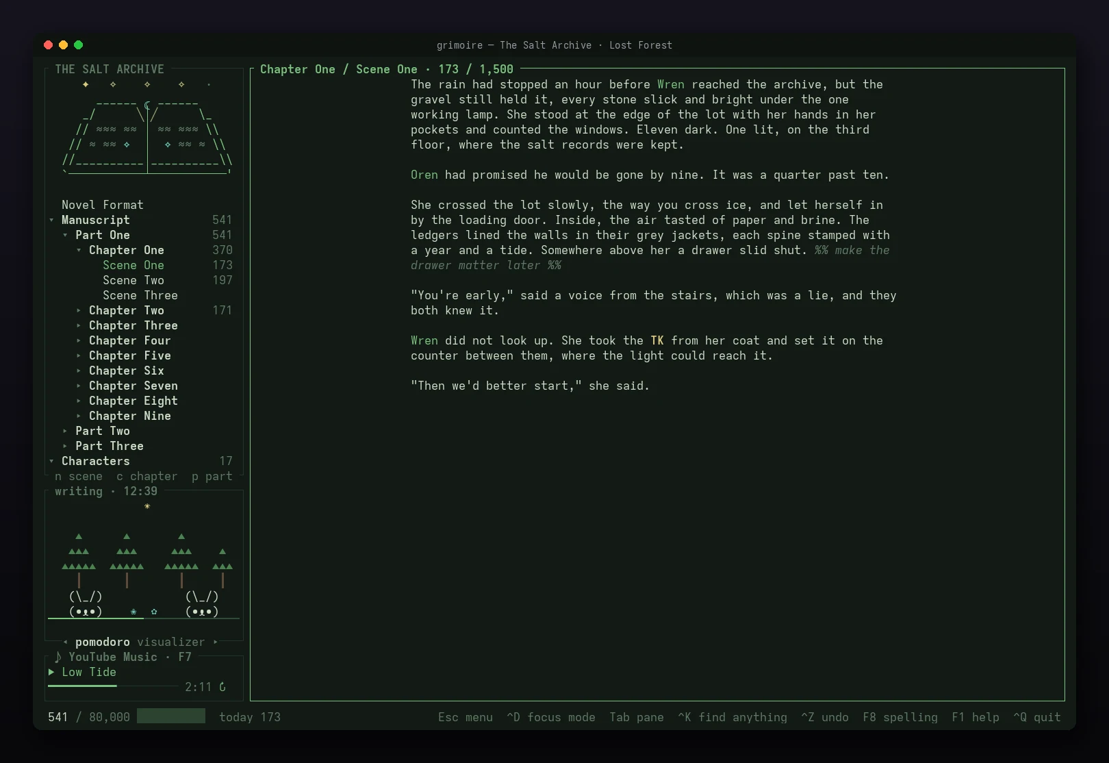 GrimoireTUI in the Lost Forest theme: a book's outline under a spellbook, a scene being written, the Pomodoro forest and the music pane