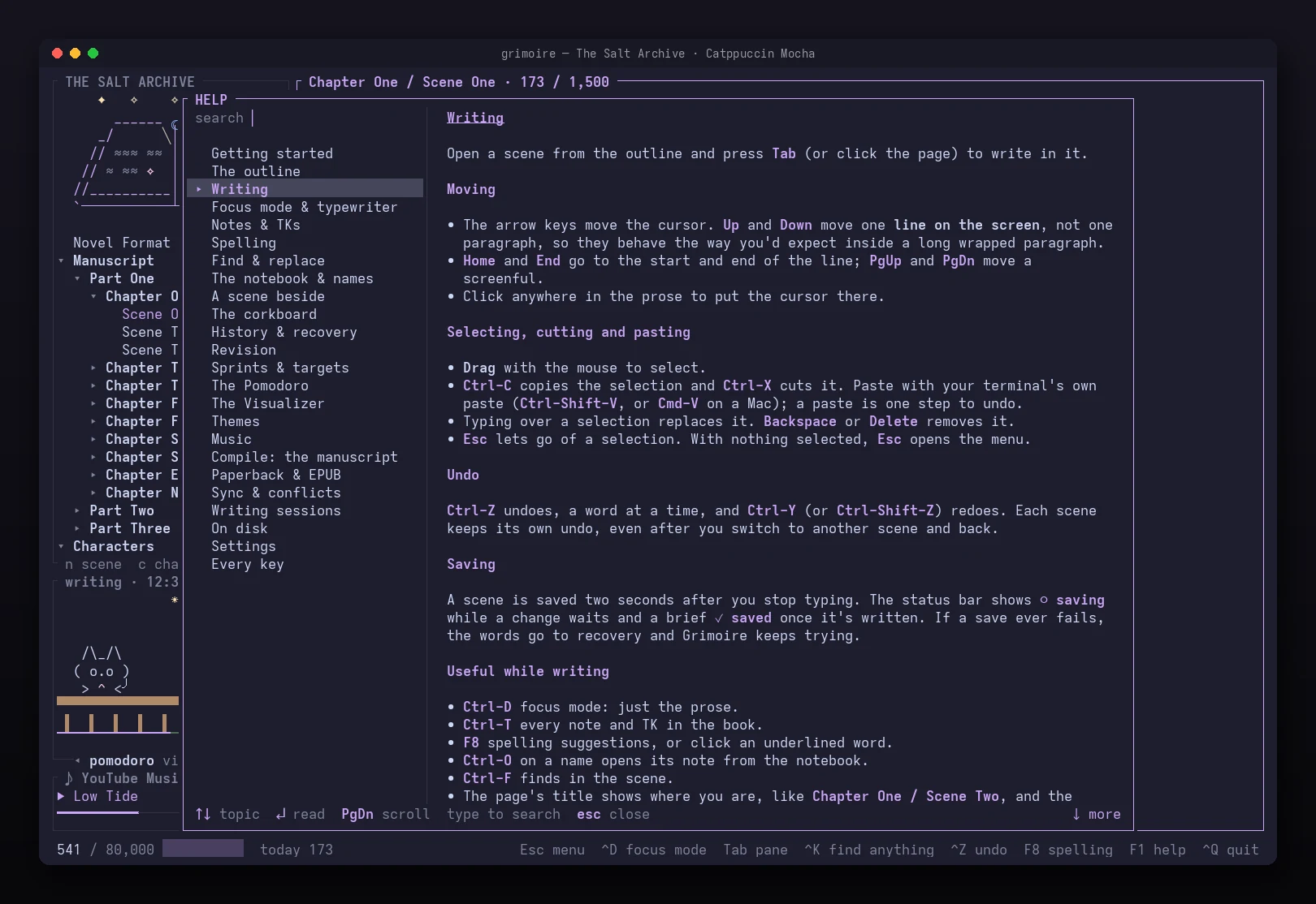The help inside GrimoireTUI: topics down the left, the Writing topic open on the right