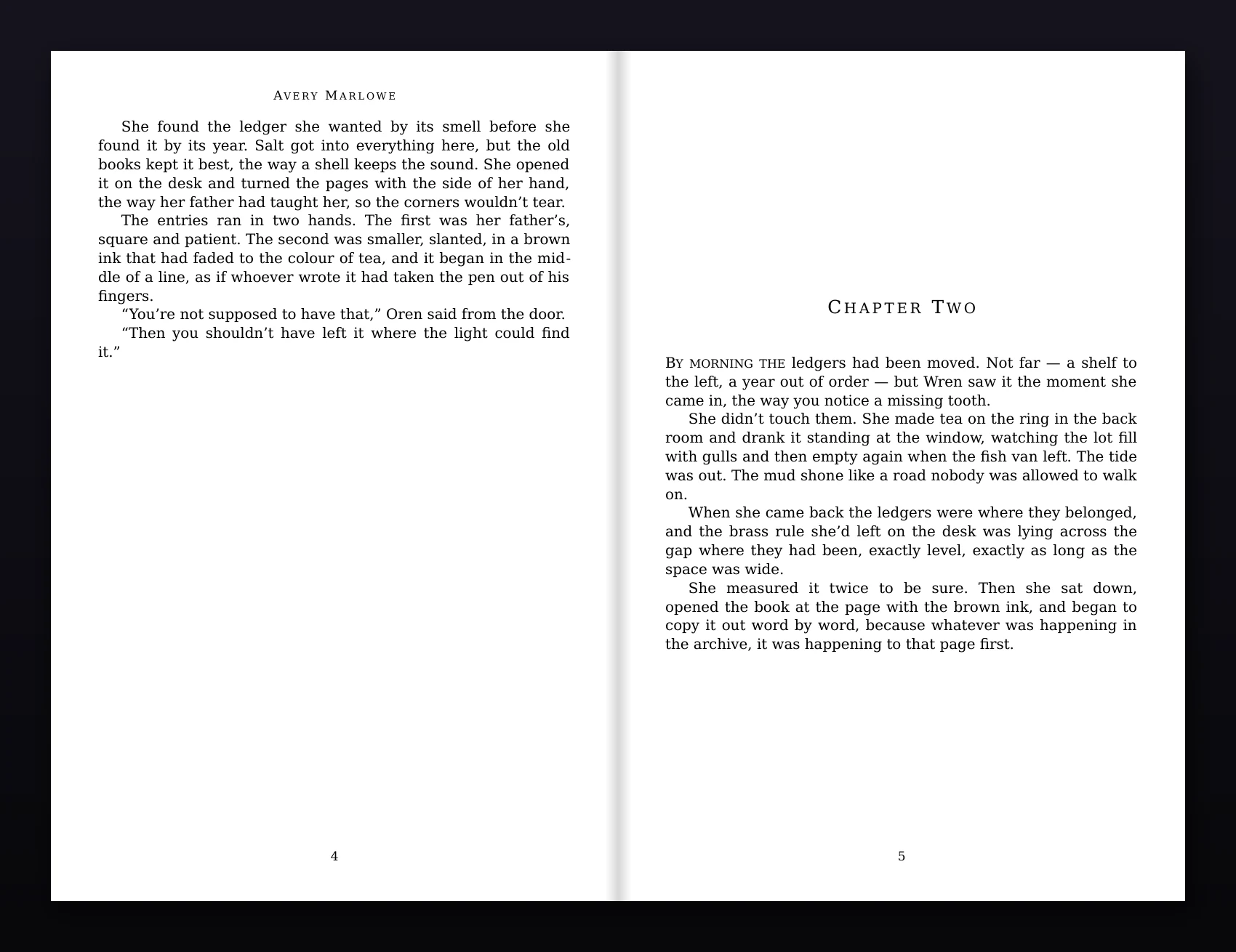A spread from a 6×9 paperback interior: running heads, a chapter opening on a right-hand page with a drop cap