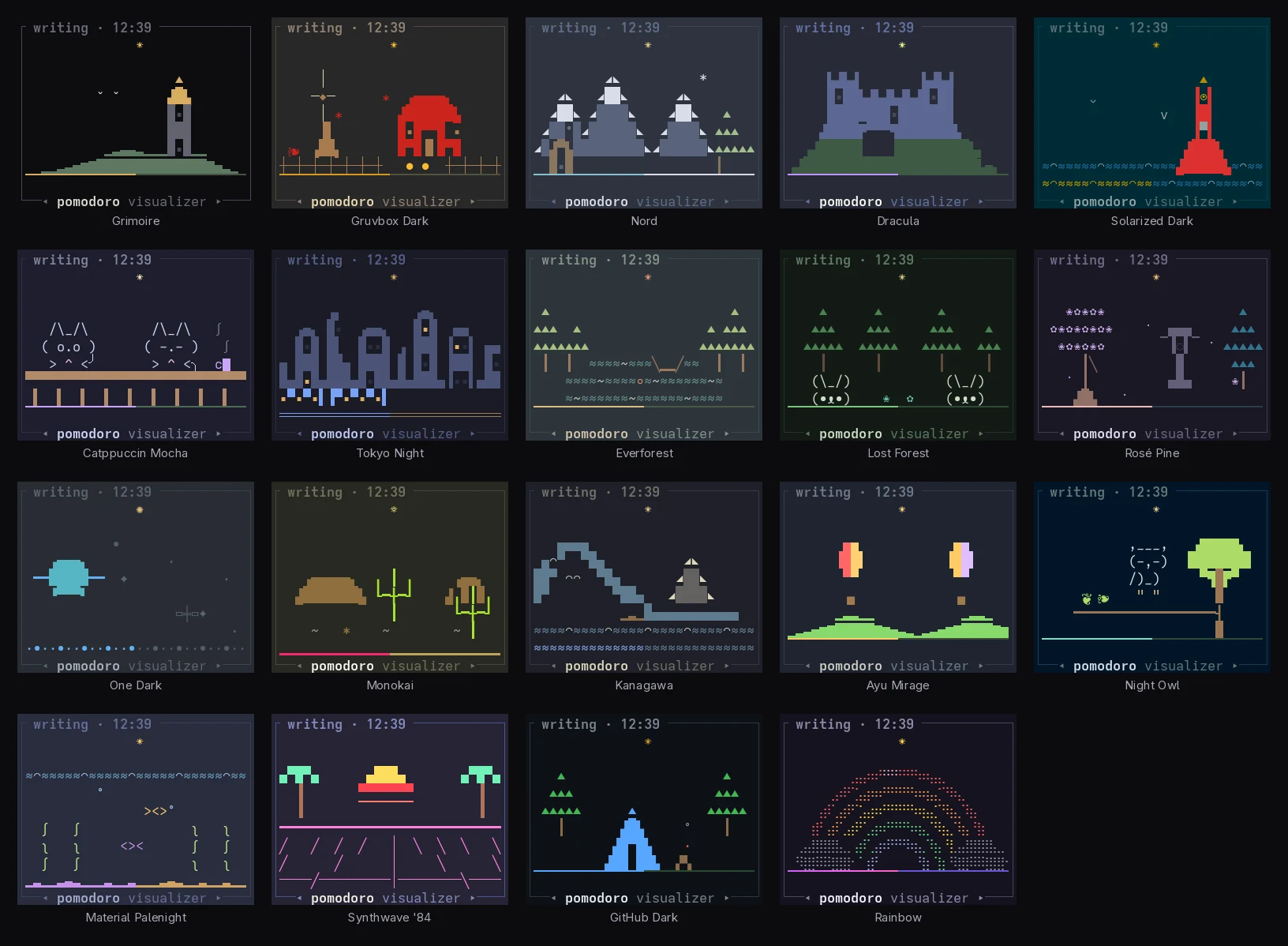Nineteen small Pomodoro scenes, one per theme: a tower, snowy peaks, a castle, cats, the great wave, a neon grid and more