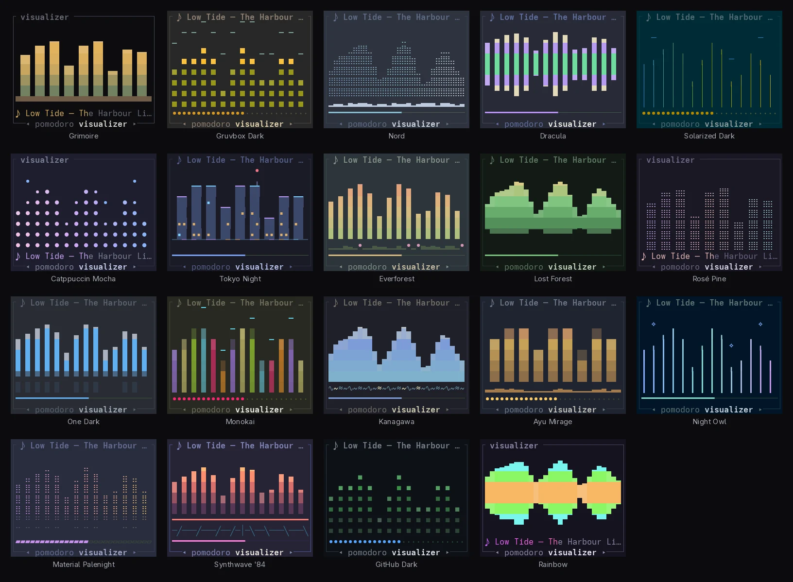 Nineteen music visualizers, one per theme: meters, beads, frost, a neon skyline, a rolling wave, a synthwave grid