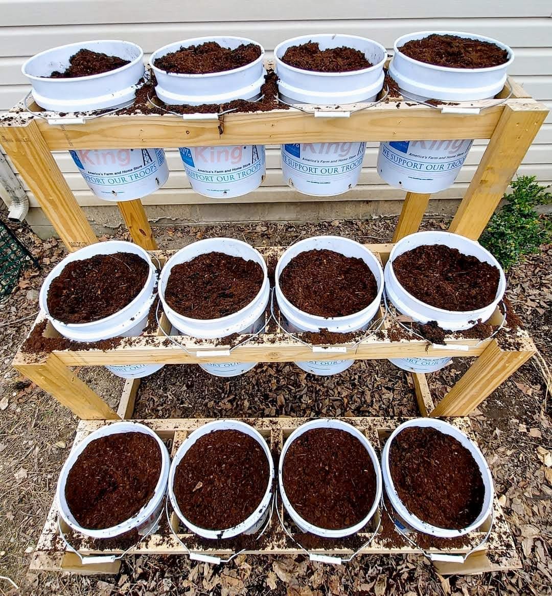 Three-tier bucket garden rack for container gardening