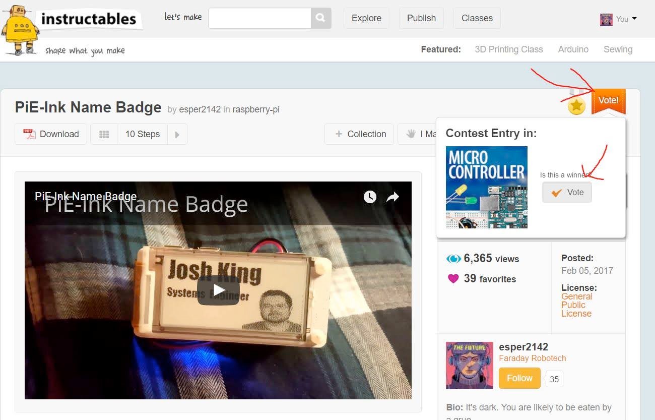 PiE-Ink Name Badge on Instructables — featured in the Microcontroller Contest